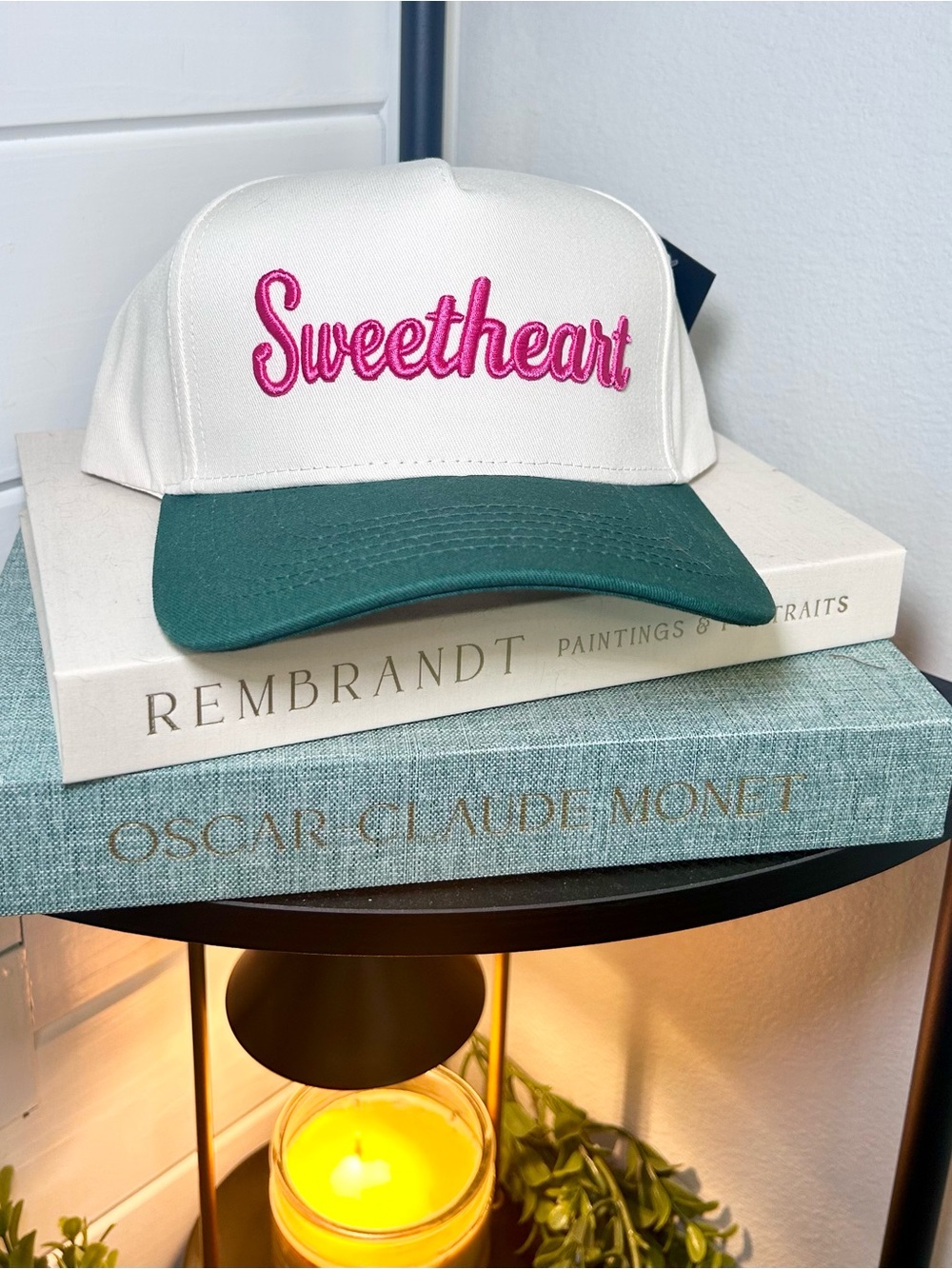 Sweetheart Embroidered Cream and Green Cap